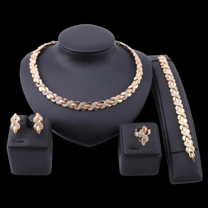 4-Piece Statement Golden Jewelry Set – Necklace, Earrings, Bracelet & Ring for Weddings & Special Occasions