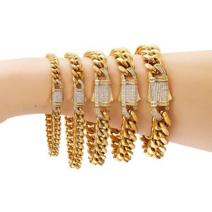 5-in-1 Gold Hip Hop Miami Chain Bracelet Set with Crystal Buckle – 316L Stainless Steel, 6mm–14mm, Unisex Jewelry